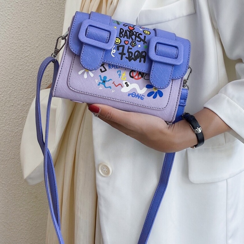 Graffiti Print Buckle Detail Purple Crossbody Bag